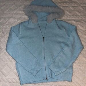 Light Blue Hooded Zip Cardigan with Faux Fur Trim Brand New